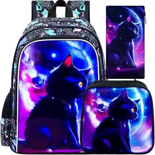 gxtvo 3PCS Girls Planet Cat Bookbag, 16 Kids Backpackwith Lunch Box, Water Resistant School Bag for Elementary Prechool Toddler, Uv Printing Planet Cat Black, One Size, Uv Printing Planet Cat Black