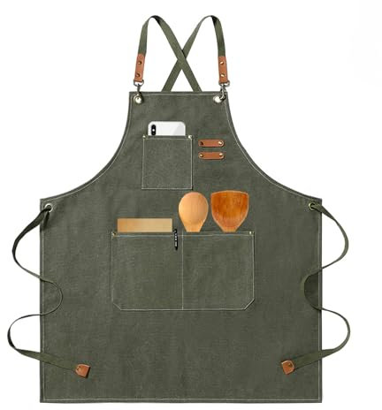 HIUOUIH Delantal Cocina Hombre Delantal Barbacoa Delantal de Trabajo Mujer con 3 Correa Ajustable y Bolsillos Delantales de Lona para Cocinar Hornear Jardinería Camarero, Gris Verde