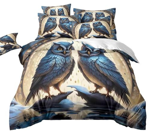 Eulen Bettwäsche 155x220cm, Bettbezug mit Vintage Eulenmuster, Bettwäsche-Set für Jungen und Mädchen, Bettbezug aus Mikrofaser mit 2 Kissenbezügen, Warm und Bequem