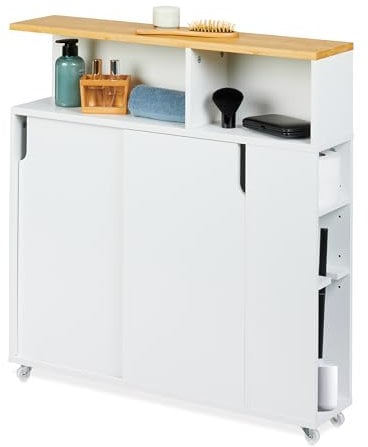 Relaxdays Carrito Auxiliar Estrecho, 6 Compartimentos, Portaescobillas, 79x17x75 cm, Baño, MDF, Bambú, Blanco/Natural, Tablero de Fibras