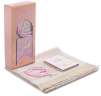 ihvan online Tapis de prière musulmane en taffetas, livre de poche recouvert de velours, avec boîte en kraft, boîte de dot pour homme et femme, cadeau de mariage, rose