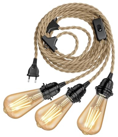ledscom.de Hanf-Kabel LEKA, Stecker, Schalter, 8 m, Lampen-Fassung, inkl. 3x E27 LED Leuchtmittel, ST64 (4 W, 489lm, extra warmweiß)