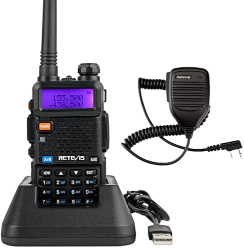 Retevis RT5R Walkie Talkie Larga Distancia, 128 Canales Banda Dual Radio FM DTMF CTCSS/DCS Pantalla LCD Caza Transceiver con Microfono para Exteriores, Logística (Negro, 2 Piezas)