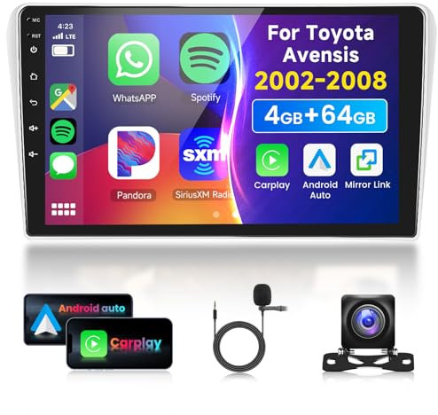 4G&64G 9 Autoradio Für Toyota Avensis 2002-2008 mit Carplay Android Auto Wireless,1280 * 720,Android 13,Touchscreen Bluetooth RDS/FM Radio,WiFi Navi/AHD Rückfahrkamera