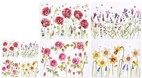Assorted Floral Placemats & Coasters, 4 Each, Cork Backed | 4 placemats and 4 coasters with rose, daffodil, poppy and lavender designs, cork backed, wipe clean and heat resistant