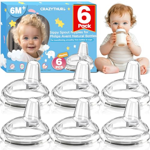 CRAZYTHUR Sippy Spout Nipples(6 Pack), Compatible with Philips Avent Natural Bottles, My Grippy Spout & Natural Trainer Sippy Cup, 100% Food Grade Silicone Sippy Cup Nipples, 6m+, Leak-Proof, BPA-Free