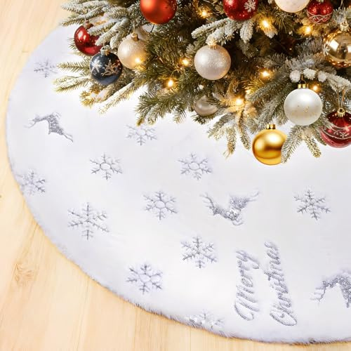 SKYYUE Weihnachtsbaumdecke Rund, 115cm Weihnachtsbaumrock mit Silber Elch Schneeflocke Pailletten, Weihnachtsbaum Teppich Weiß Christbaumdecke Rund, Christbaumständer Decke für Weihnachtsdeko (Silber)