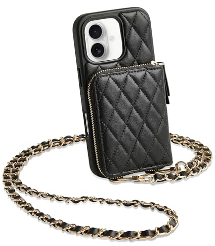 LAMEEKU for iPhone 17 Wallet Case with Strap, Card Holder Quilted Crossbody Leather Zipper Cover for Women 6.3'' Black