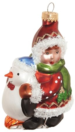 Krebs Glas Lauscha - Weihnachtsdekoration/Christbaumschmuck aus Glas - Mädchen mit Pinguin - Farbe: Rot/Weiß - Größe: ca. 12 cm