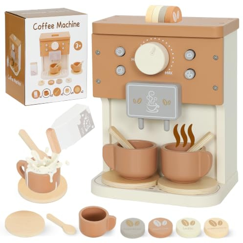 AIYAPLAY Set Macchina del Caffè Giocattolo in Legno per Bambini 3+ Marrone | Con Pulsanti, con Accessori, per Bambini da 3 Anni in Su, Giochi per Cucinetta in Legno