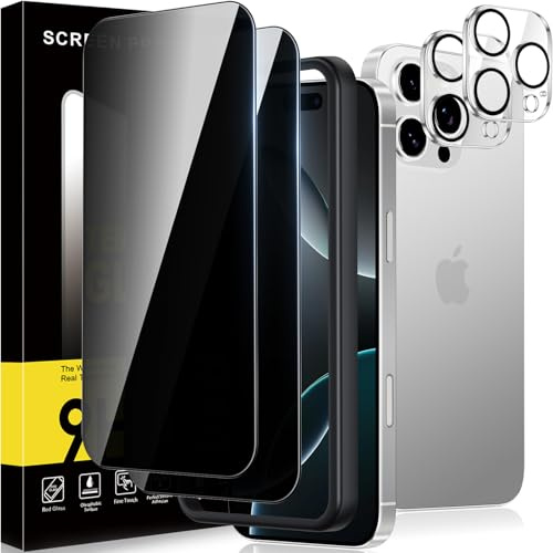 Rainway for iPhone 16 Pro max Screen Protector Privacy, 2+2 Pack Anti-Spy Tempered Glass films+Camera Lens Protector, Anti-Glare, Anti-Fingerprint, 9H Tempered Glass Film with Easy Installation Tool