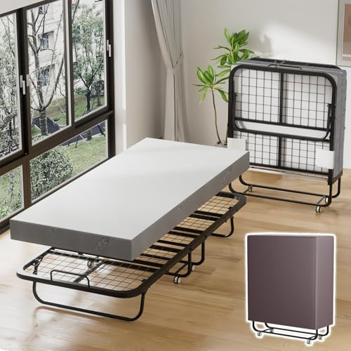 Jaxguom Klappbett 90x200 mit 13 cm Matratze Gästebett Klappbar ohne Montage 150 kg belastbar Metallbett mit 4 verriegelbaren Rädern - Platzsparend für Gäste, Büro, Wohnheim & Mietwohnung