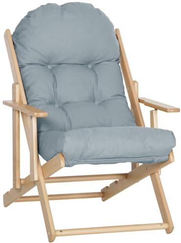 HOMCOM Relaxsessel Klappbar Relaxstuhl Buchenholz 71 x 89 x 96 cm Hellgrau | Polstersessel, Ruhesessel, Esszimmerstuhl mit Leinenoptik, für Wohnzimmer