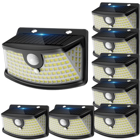 Aootek Solarlampen für Außen mit Bewegungsmelder, 8er Set, Garten, 120 LED | 270° Breiter Winkel, IP65 Wasserdicht, Solar Wandleuchte, Sicherheitslicht, Gartenbeleuchtung, Schwarzer Rahmen, Kaltweiß