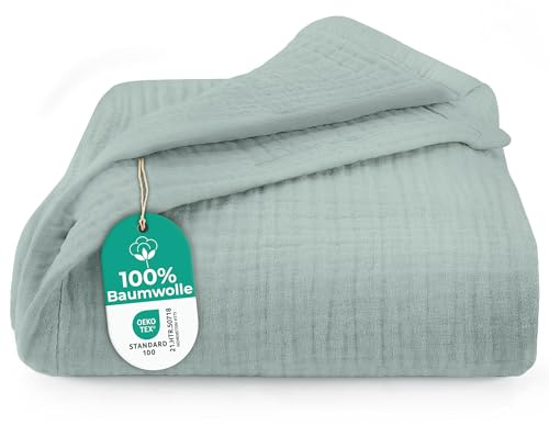 Dreamzie - Musselin Tagesdecke 220x240 cm - 100% Baumwolle | Hellgrün · Atmungsaktiv & Weich · Leichte Kuscheldecke · Bett & Couchüberwurf · Oeko-Tex