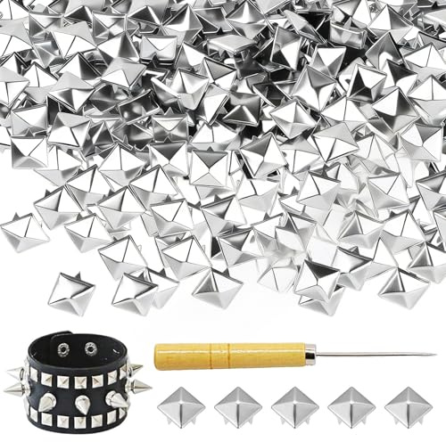 PacuM 1000 Stück Quadratische Nieten Metall Dekorative Ziernieten | Studs für Leder Pyramide Spike Nieten für Kleidung Taschen Lederband Schuhe Mäntel Handschuhe(10 mm, Silber)