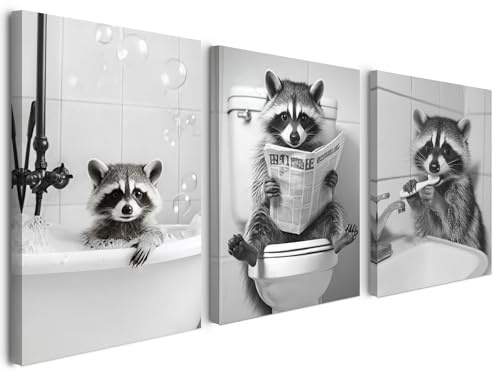 Alptiny Badezimmer Leinwandbild 3er Set 30x40 cm mit Rahmen – Lustige Waschbär Bad Deko Wand, Wandbilder fürs Badezimmer, HD Druck, Feuchtigkeitsresistent, Ohne Bohren