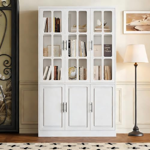 BENMWS Vitrina blanca de pie 121,5 x 41 x 200 cm, con 6 puertas, vitrina de cristal, armario multifunción con divisor ajustable, armario grande