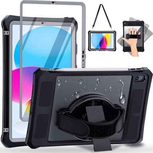 Waterproof Case for iPad(A16) 11th Generation 11 inch 2025/10th Generation 10.9 Inch 2022 Case with Screen Protector with Pencil Holder & Stand & Shoulder Strap & Handle, Full-Body Rugged Cover, Black