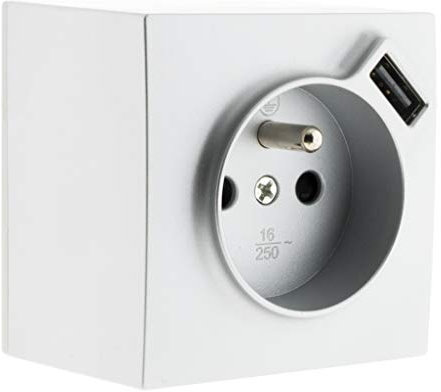 Zenitech Bel'Vue Prise 2P+T 16A avec Port USB 2.4A, Couleur Silver, Installation en Saillie, Puissance Max 3680W, Tension 230V, Design Moderne, Compatible Appareils Multimédia, Intérieur Moderne
