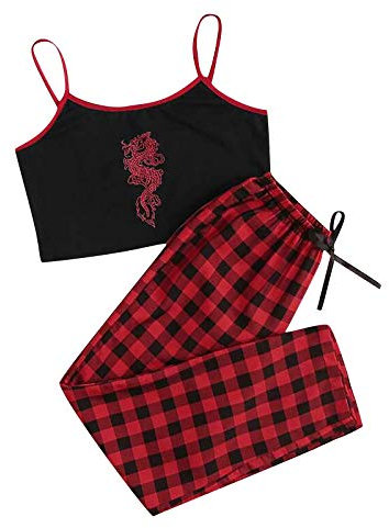 yiouyisheng Sling Top Karierte Hose Pyjama Set Drachen Muster rot und Schwarz Sexy Nachtwäsche Schlafanzug
