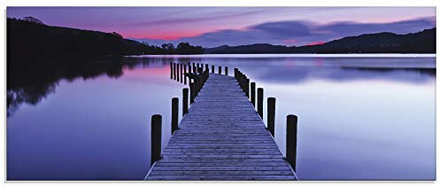 ARTland Wanddeko Glasbilder Wandbild Glas Bild einteilig 125x50 cm Querformat Panorama See Landschaft Natur Wald Steg Sonnenuntergang Lila U1UF