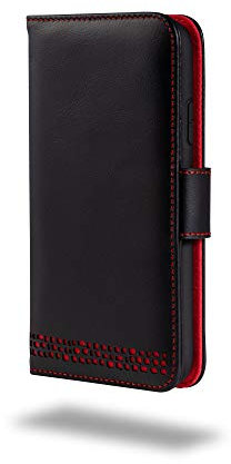 Ed Hicks iPhone 13 Mini Wallet Case — Premium Genuine Leather — Quad Protection — RFID Blocking — Stand — Flip Case and Folio for iPhone 13 Mini — 5.4 — Many Unique Features — Black & Red