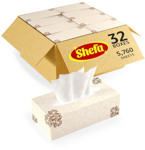 Shefa 5760 Kosmetiktücher, Großpackung, 32 flache Boxen mit Greiföffnung, 2-lagiges weiches Taschentuch für Gesicht und Nase, Zuhause, Büro und Klassenzimmer