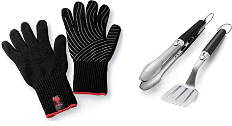 Weber 6670 Premium Handschuhe, Größe L/XL, Grillhandschuhe, bis 260°C & 6645 Original Portable 2-Piece Stainless Steel Tool Set