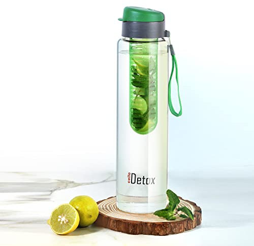 Cello Bouteille d'eau en verre avec infuseur à fruits de 800 ml, noir | Large bouchon à rabat scellé, étanche, durable | Hermétique, réutilisable | Bouteille en verre avec infuseur détox pour