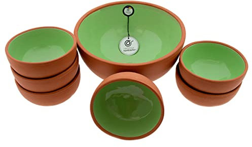 CERÁMICA RAMBLEÑA | Cuenco gazpacho | Gazpacho Andaluz | Gazpacho Manchego | Cuencos cocina | Conjunto Bol Ensaladera rústico - Verde - Modelo 22 | 25x25x12cm + x6 cuencos 14x14x7cm