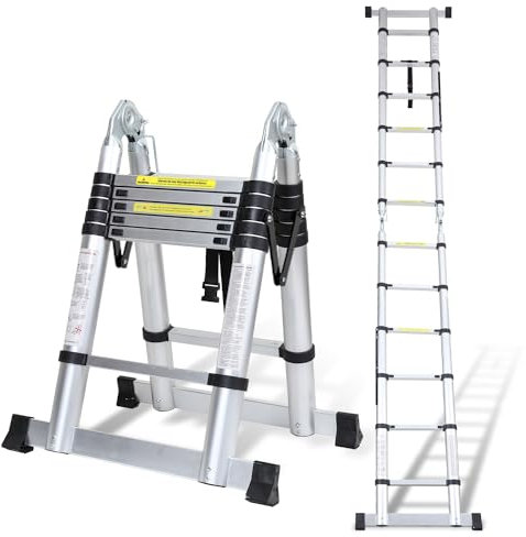 Joparri Teleskopleiter Klappleiter Aluminium, 3.8M Ausziehbare Leiter, Rutschfester Aluleiter Stehleiter Mehrzweckleiter Aluminiumleiter, Teleskop Ausziehleiter 150 kg Belastbarkeit