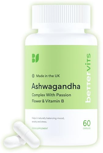 Bettervits Ashwagandha High Strength Complex with Passion Flower & Vitamin B | Organic KSM-66 Ashwagandha 800mg | Stress & Cortisol Support Supplement | 60 Capsules