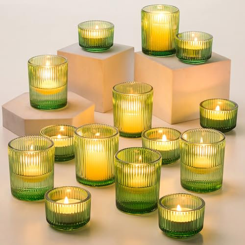 Hewory Teelichtgläser Teelichthalter Glas: 24er Grün Teelichter Glas Klein Kerzengläser für Schwimmkerzen, Kerzenhalter Windlichter Tischdeko für Hochzeit Geburtstagsfeier Wohnzimmer Deko