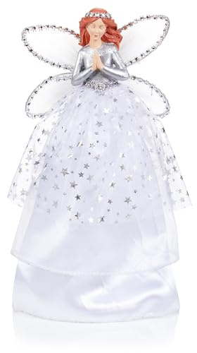Premier Decorations Angel With Wings Christmas Tree Topper 28cm Festive Xmas Decoration Silver and White With Stars
