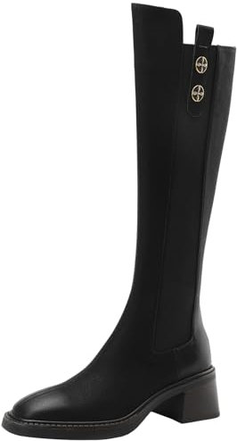 Smilice Stivali lunghi da donna in pelle stivali alti al ginocchio con punta quadrata e chiusura lampo, Nero , 34 EU
