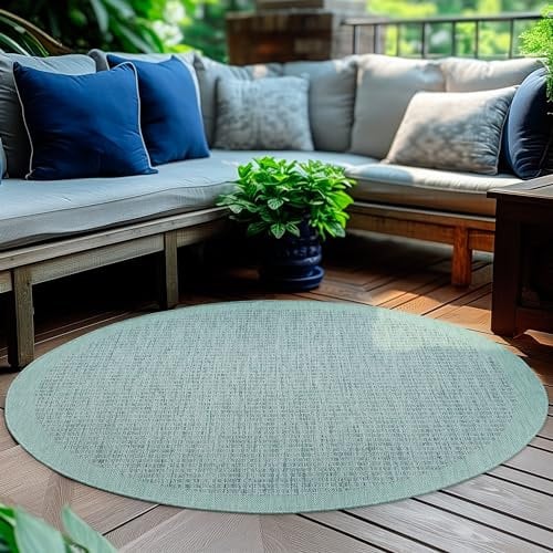 HomebyHome Outdoor-Teppich Flachgewebe Wetterfest Einfarbig Blau Küchenteppich, Balkon Terrassen Garten Wohnzimmer Teppich 200 cm Rund