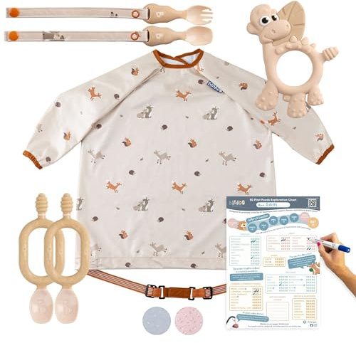 BIBaDO Starter Baby Feeding Set - Includes Feeding Bibs, Weaning Spoons, Baby Cutlery, Teether & Weaning Poster, BPA-Free, Perfect for Weaning and First Foods - Fawn