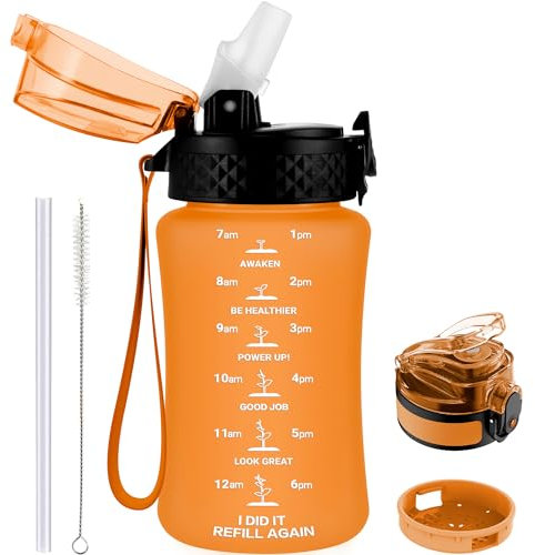 GOPPUS Bouteille d'eau de 350 ml pour enfants avec paille en Tritan avec sangle, petite bouteille de jus pour tout-petits avec couvercle à rabat, anti-fuite avec marquage de temps, anti-déversement