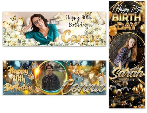 Personalisierbares Happy Birthday-Stoff, 60 x 1,8 m, Fotobanner, Ballon, goldfarben, Blau, individuelles Foto, Name, Alter, Poster, Kinder-Party-Banner, Geschenk, Dekoration, 18., 20., 30., 40.,