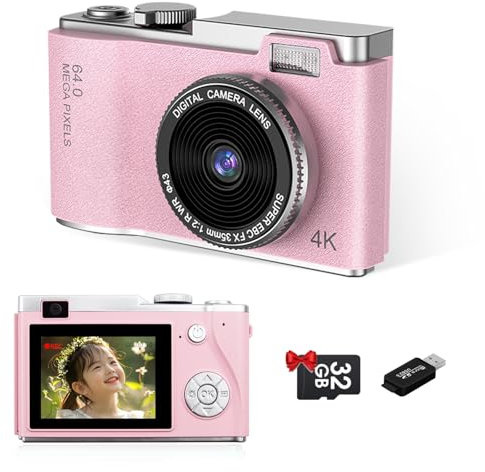 Macchina Fotografica, Sheewey Macchina Fotografica Digitale 4K con Autofocus e Doppia Fotocamera con Scheda 32GB, 1080P Fotocamera Digitale 64MP Macchina Fotografica Compatta per Ragazze e Adolescenti