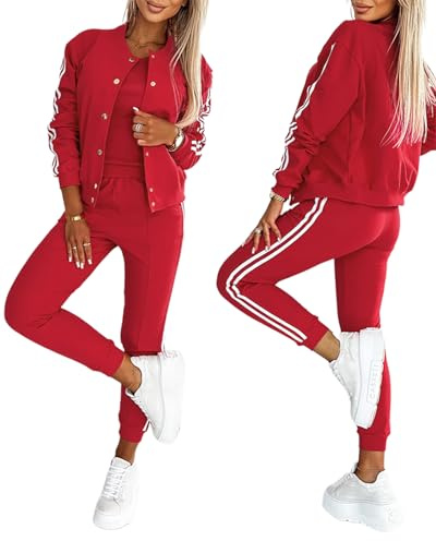CHICME Women's Three Piece Outfits Striped Tape Patch Tank Tops Bomber Jacket with Sporty Pants Tracksuit Lounge Sets-r-L