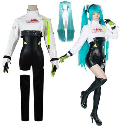 Wigbiu Anime Hatsune-Racing-Miku Cosplay Outfit mit Perücke Anfänger Zukunft Lackleder Kostüm Ärmel Accessoires Uniform Set Kleidung Halloween Karneval Kostüm für Frauen Unisex