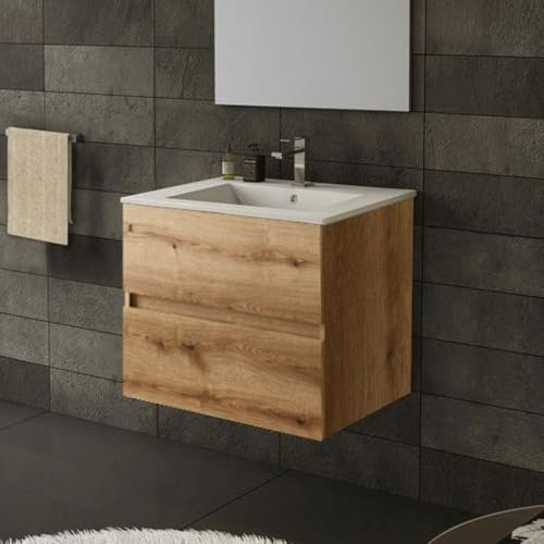 Mueble de baño suspendido 60 cm color roble roble con cajones y lavabo incluido - Rondel