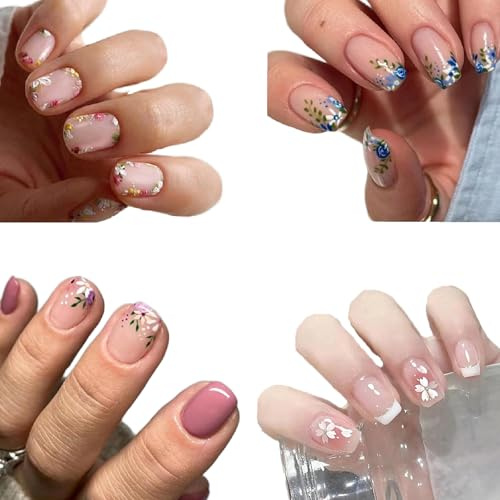 96PCS Short Square Floral Press-On Nails – French Tip False Nails with Glitter Design, Reusable Nail Kit with Accessory Tool, Premium ABS, Multiple Style Options for Women and Girls (4 Boxes)