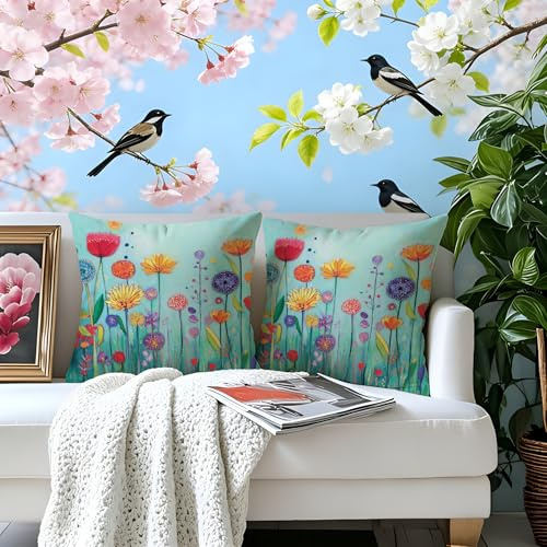 Gnoxaris Outdoor Kissenbezug Wasserfest Outdoor Kissen Wetterfest Dekorative Gartenkissen 45x45 cm Bunte Wiesenblumen Wasserdicht Kissenbezüge 2er Set für Garten Sofa Wohnzimmer Bett