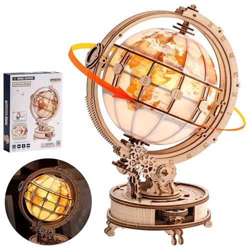 Robotime Puzzle 3D Bois Adulte – Globe Lumineux Rotatif Automatique avec LED, Maquette en Bois Mécanique, Kit de Construction DIY, Veilleuse & Cadeau Homme, Décoration de Bureau (Rotation Automatique)