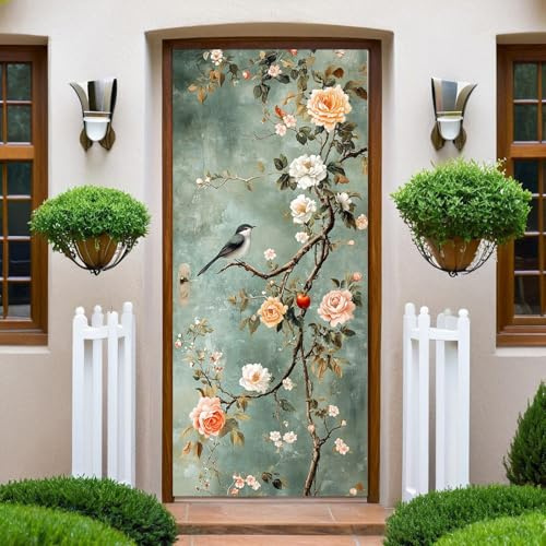 Gris-Bleu Papier Peint Porte 73x204 cm Fleurs et oiseaux Trompe l'oeil Sticker Poster Porte Trompe l'oeil Intérieure Muraux PVC pour Décoration Mur Salon Cuisine Chambre Salle de Bain