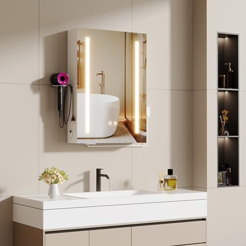 Ztexkee Spiegelschrank Bad mit Beleuchtung und Antibeschlag Funktion Hängend Badezimmer Spiegelschrank mit Steckdosen Fönhalter und 2 Einstellbar Einlegeböden für Badezimmer,50x70x15 cm