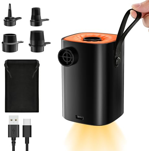 Electric Air Pump for Inflatables, 4000mAh Portable Electric Pump with 4 Nozzles/LED Light/Hanging Hook | 5kPa 360L/Min | Mini Air Pump for Airbed, Air Mattress, Camping Mat, Swimming Pool